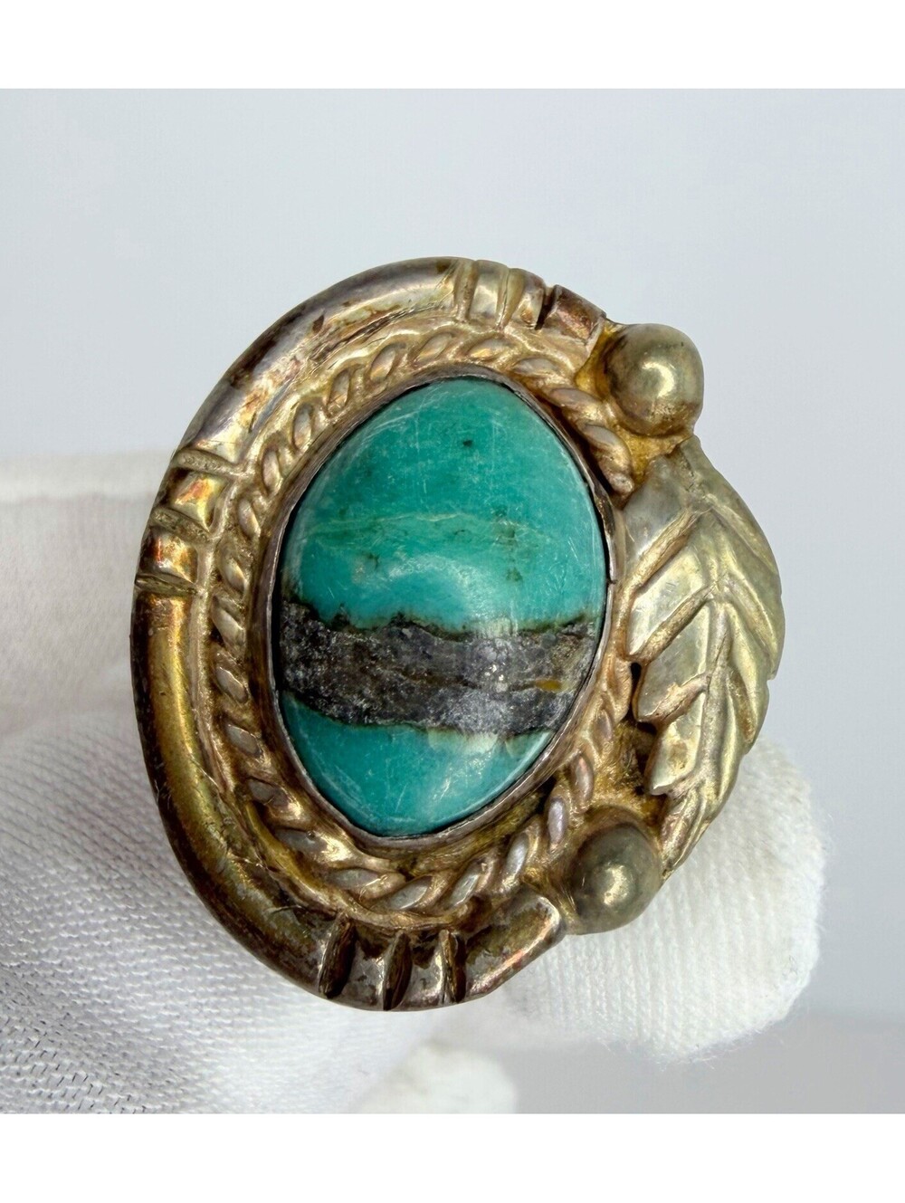 Vintage Sterling Silver Navajo Turquoise Ring Size 6 Leaf Feather Rope